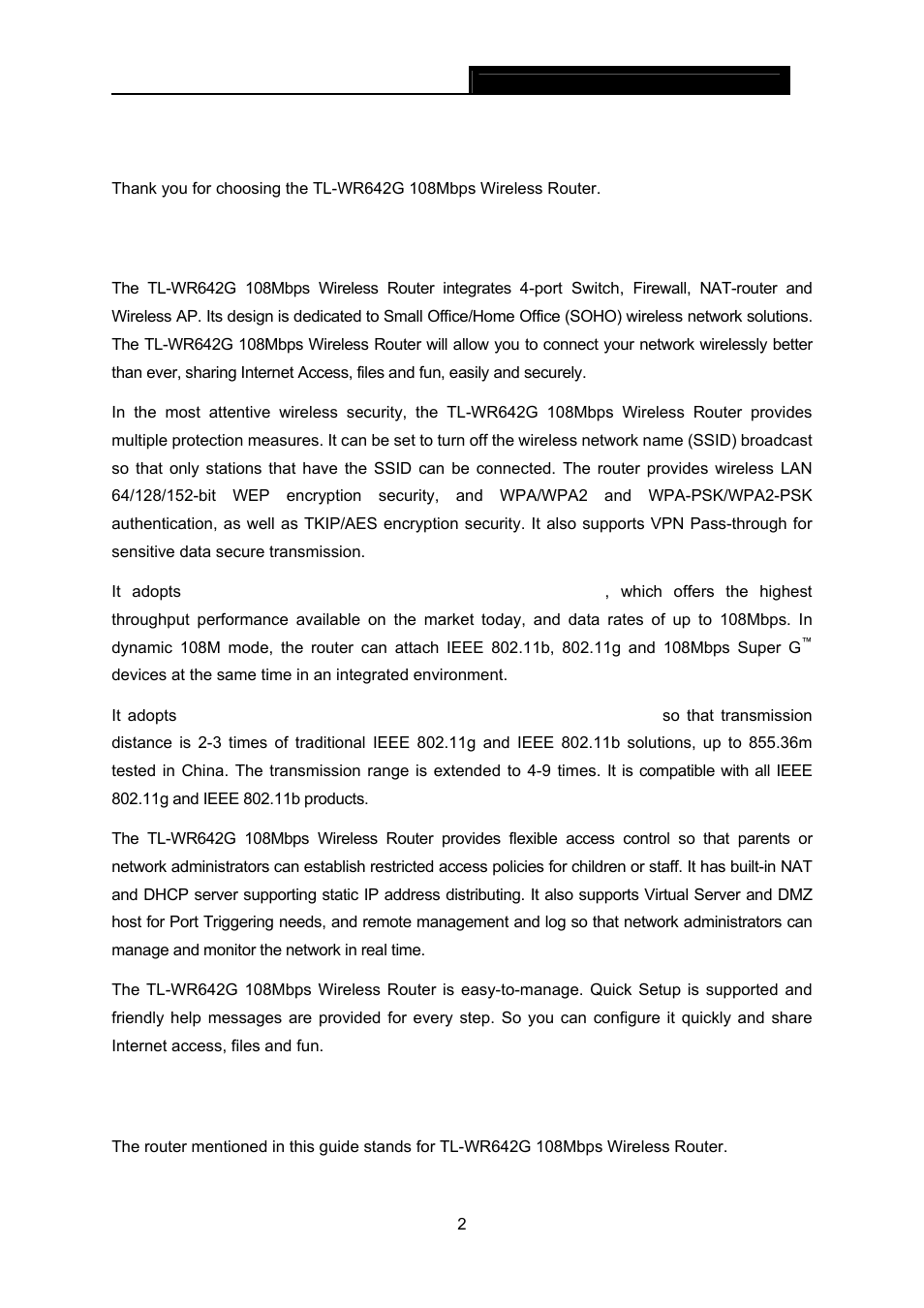 Chapter 1. introduction, 1 overview of the router, 2 conventions | Chapter 1, Introduction, Overview of the router, Conventions | TP-Link TL-WR642G User Manual | Page 9 / 85
