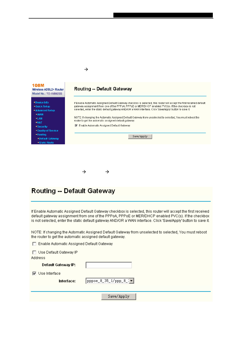 6 routing, Default gateway, Routing | TP-Link 108M Wireless ADSL2+ Router TD-W8920G User Manual | Page 50 / 85