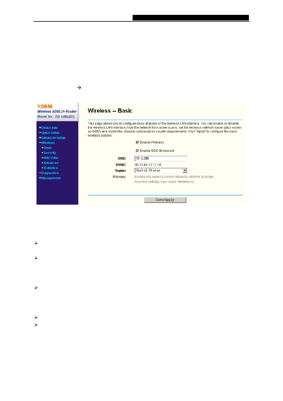 1 wireless – basic, Wireless lan configuration, Wireless – basic | 5 wireless lan configuration | TP-Link 108M Wireless ADSL2+ Router TD-W8920G User Manual | Page 59 / 85