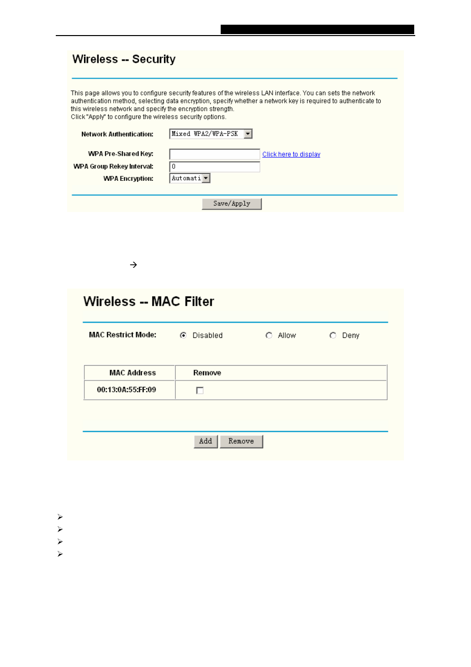 3 wireless -- mac filter, Wireless -- mac filter | TP-Link 108M Wireless ADSL2+ Router TD-W8920G User Manual | Page 67 / 85
