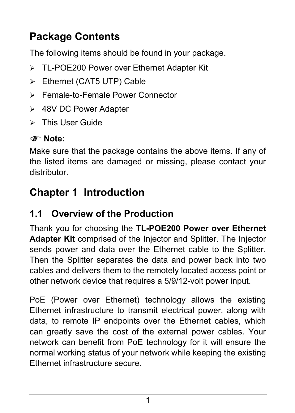 Package contents, Chapter 1 introduction, 1 overview of the production | Overview of the production | TP-Link TL-POE200 User Manual | Page 6 / 12