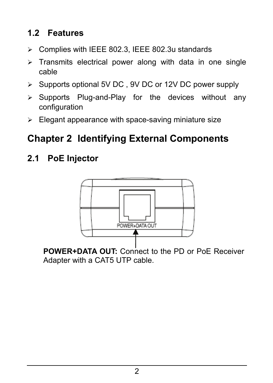 2 features, Chapter 2 identifying external components, 1 poe injector | 1 poe, Injector | TP-Link TL-POE200 User Manual | Page 7 / 12