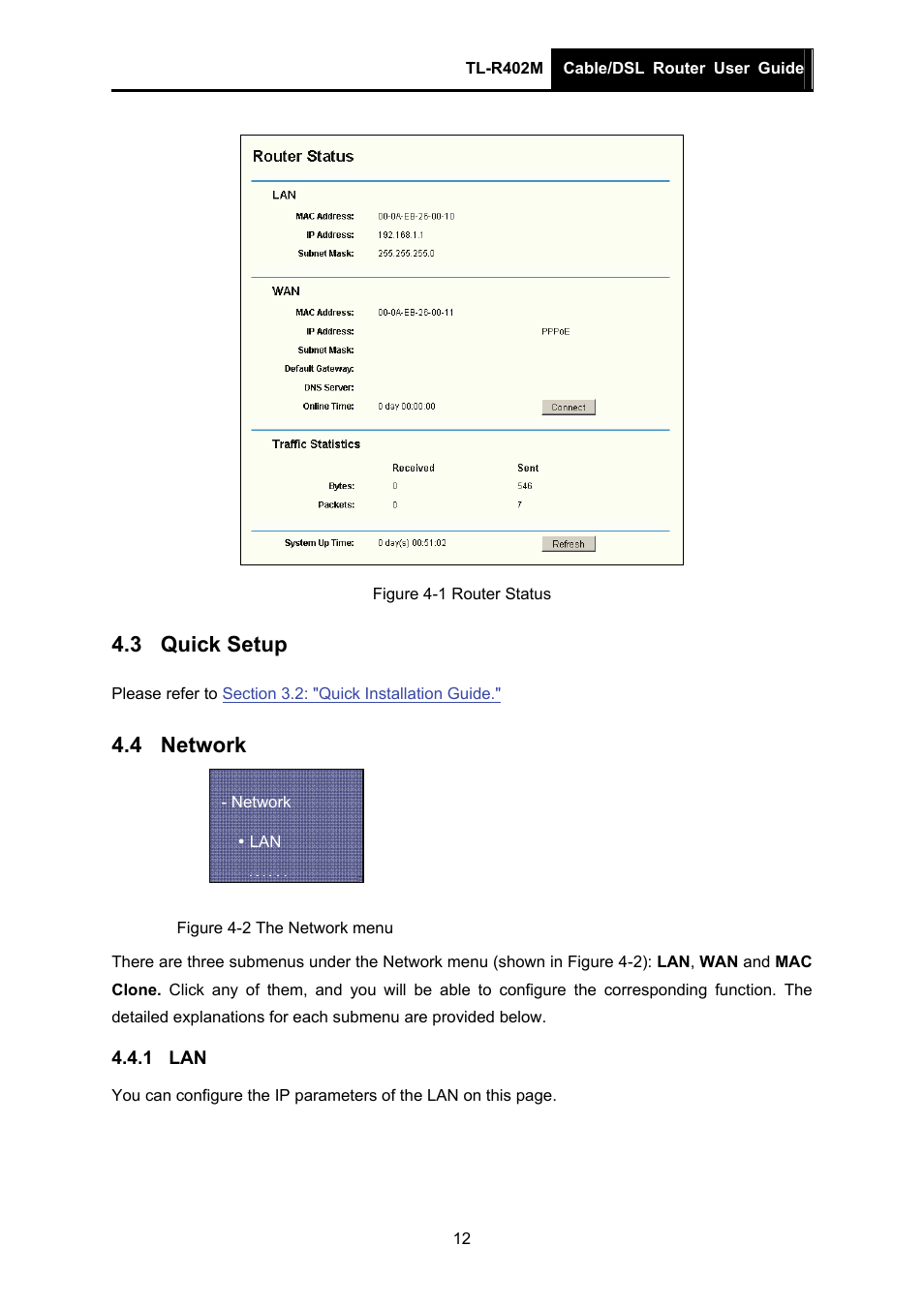 3 quick setup, 4 network, 1 lan | Quick setup, Network | TP-Link TL-R402M User Manual | Page 19 / 61