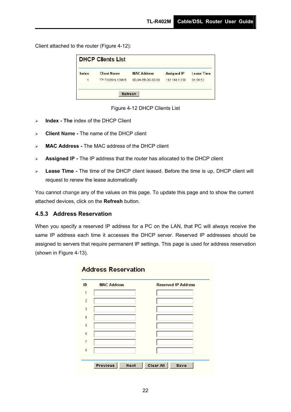 3 address reservation, Address reservation | TP-Link TL-R402M User Manual | Page 29 / 61