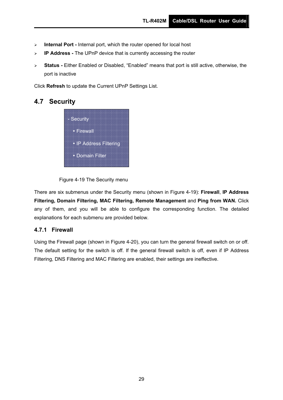 7 security, 1 firewall, Security | Firewall | TP-Link TL-R402M User Manual | Page 36 / 61