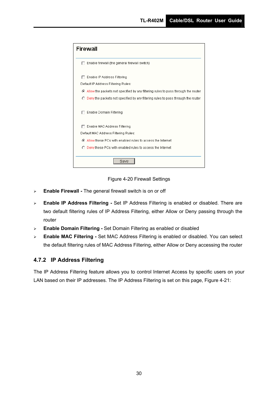 2 ip address filtering, Ip address filtering | TP-Link TL-R402M User Manual | Page 37 / 61