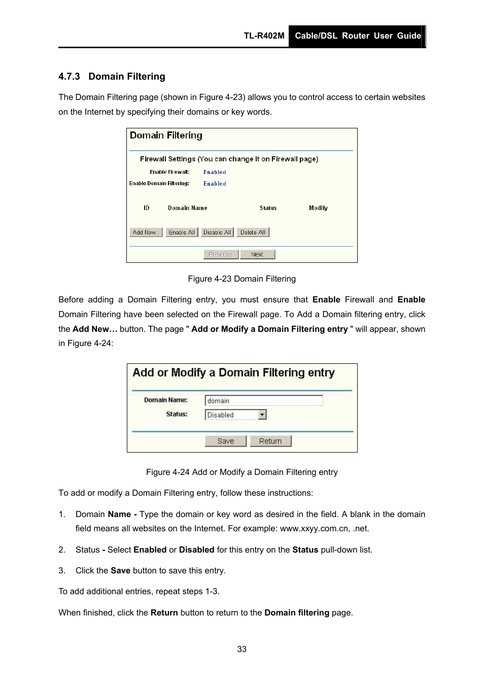 3 domain filtering, Domain filtering | TP-Link TL-R402M User Manual | Page 40 / 61