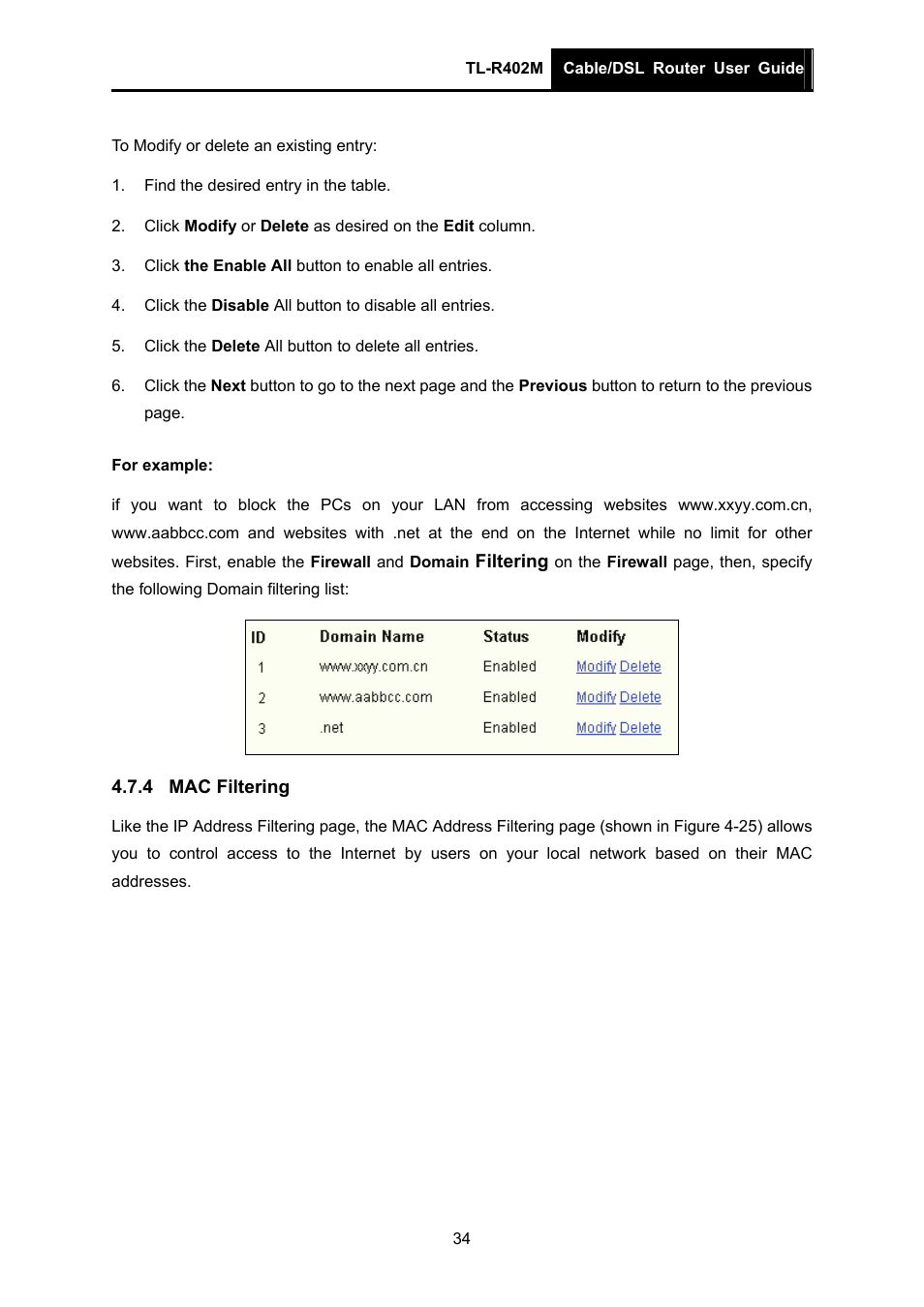 4 mac filtering, Mac filtering | TP-Link TL-R402M User Manual | Page 41 / 61