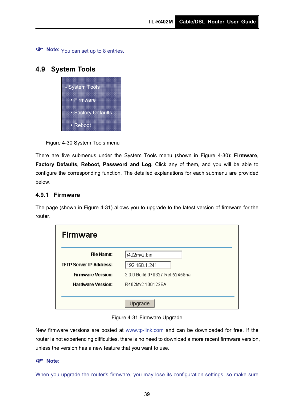 9 system tools, 1 firmware, System tools | Firmware | TP-Link TL-R402M User Manual | Page 46 / 61