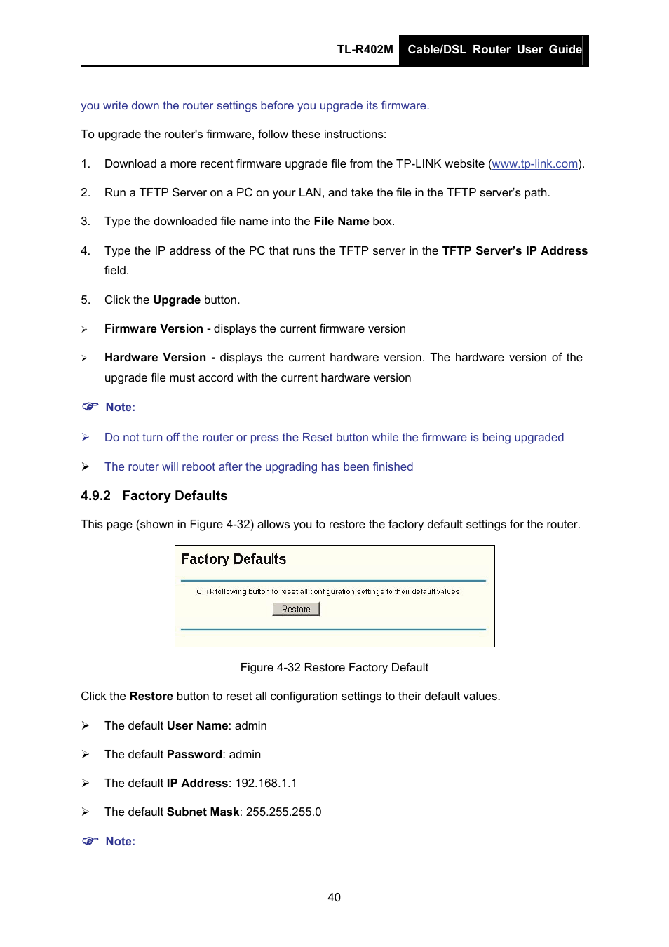 2 factory defaults, Factory defaults | TP-Link TL-R402M User Manual | Page 47 / 61