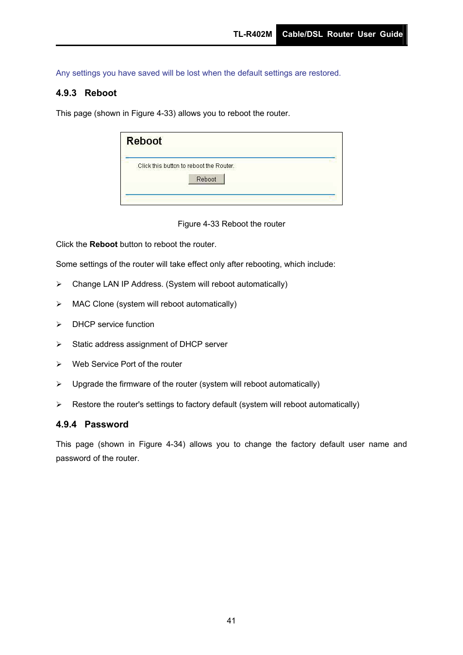 3 reboot, 4 password, Reboot | Password | TP-Link TL-R402M User Manual | Page 48 / 61