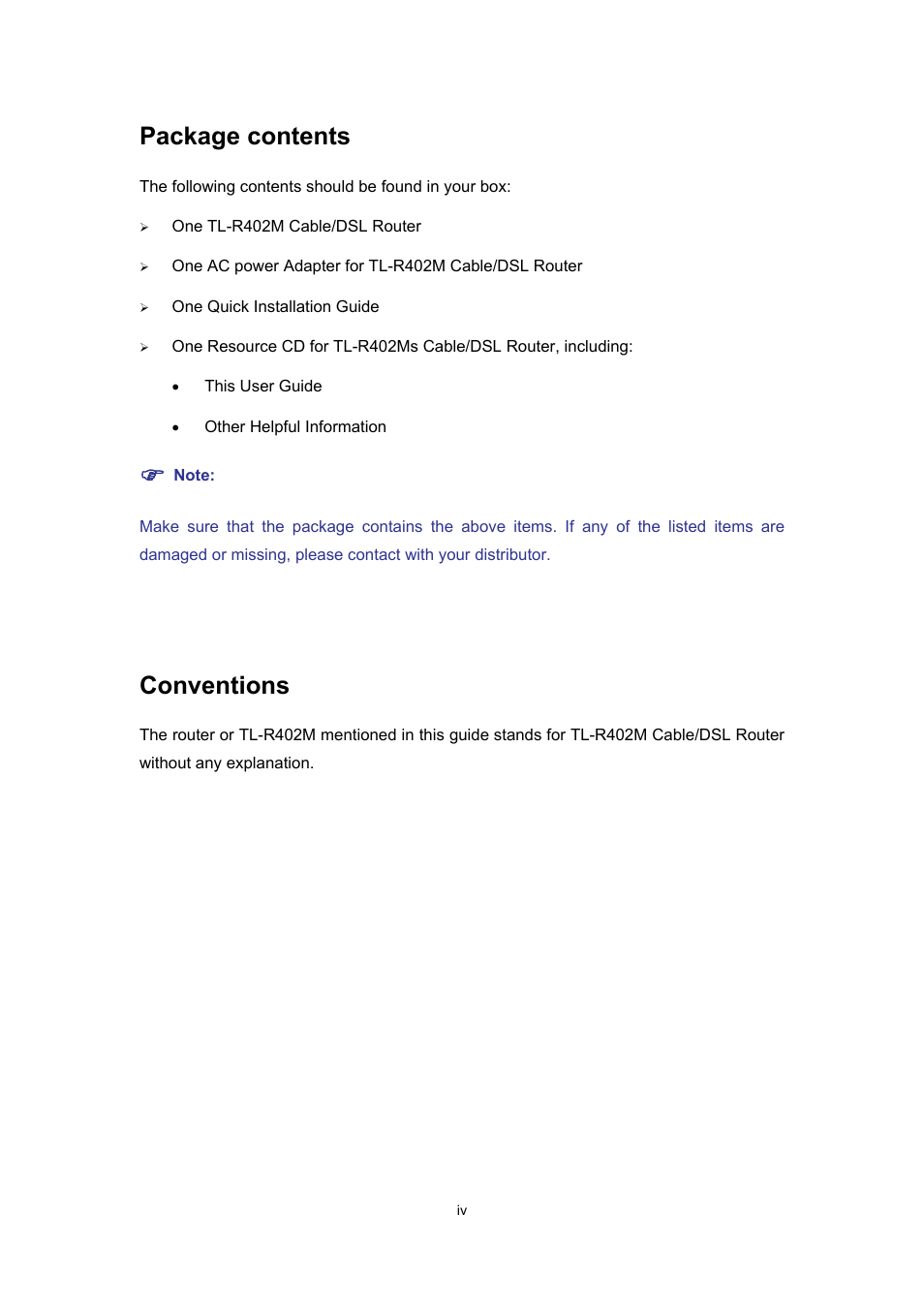 Package contents, Conventions | TP-Link TL-R402M User Manual | Page 5 / 61