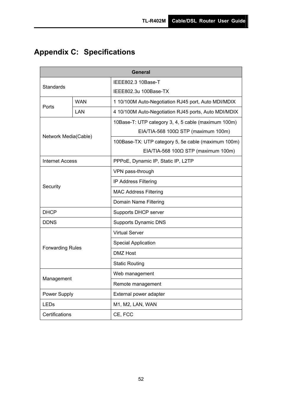 Appendix c: specifications, Appendix c, Specifications | TP-Link TL-R402M User Manual | Page 59 / 61