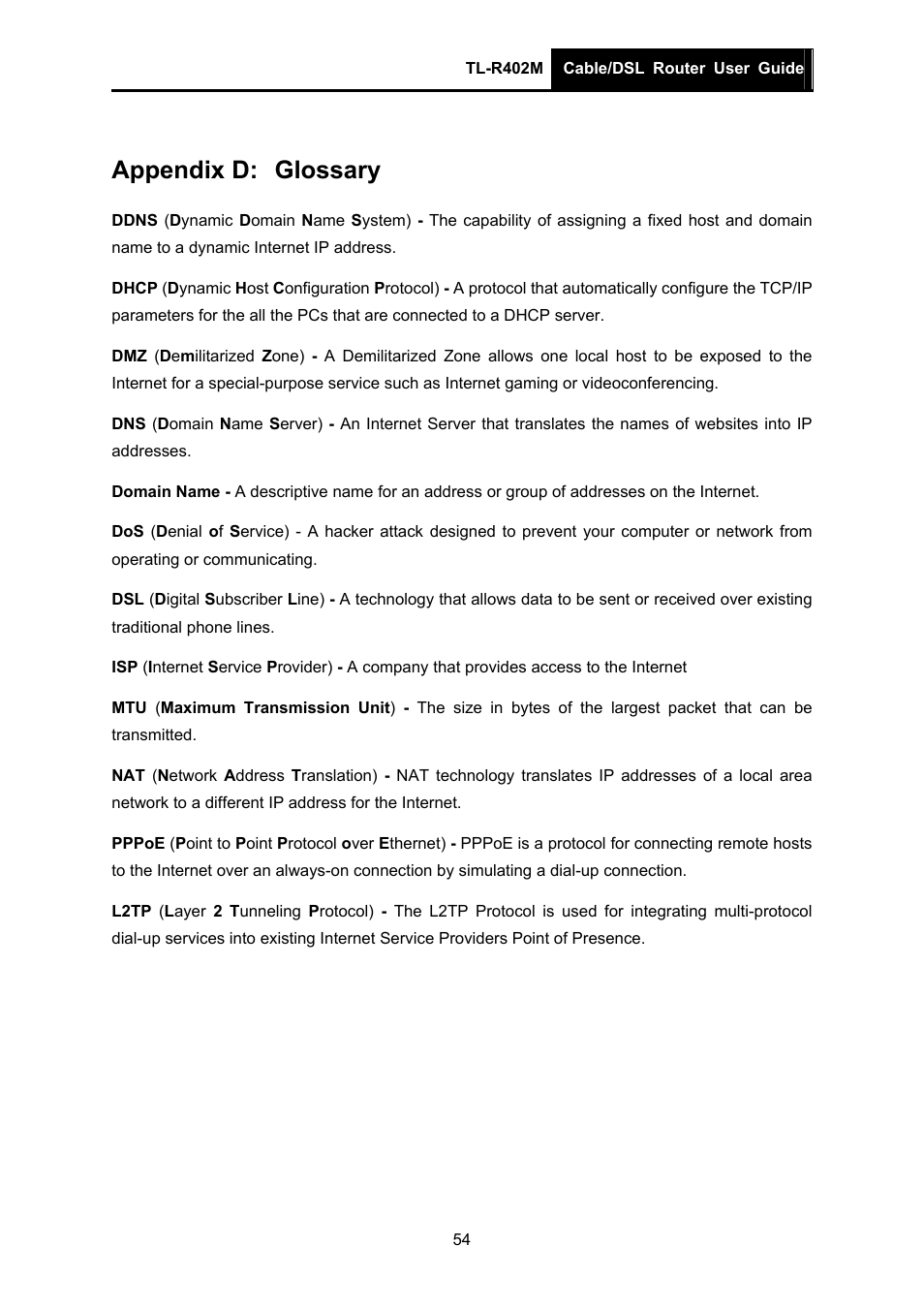 Appendix d: glossary, Appendix d, Glossary | TP-Link TL-R402M User Manual | Page 61 / 61