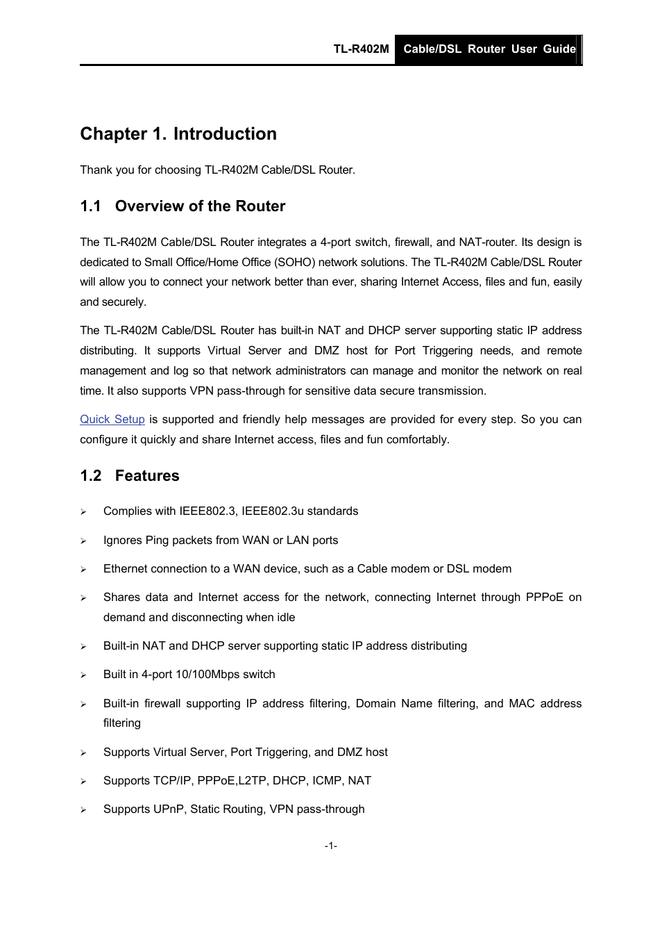 Chapter 1. introduction, 1 overview of the router, 2 features | Chapter 1, Introduction, Overview of the router, Features | TP-Link TL-R402M User Manual | Page 8 / 61
