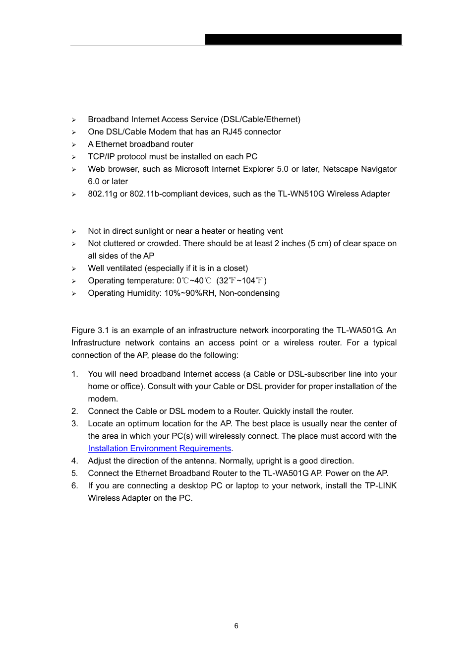 Chapter 3: connecting the ap, 1 system requirements, 2 installation environment requirements | 3 connecting the ap | TP-Link 54Mbps Wireless Access Point TL-WA501G User Manual | Page 11 / 45
