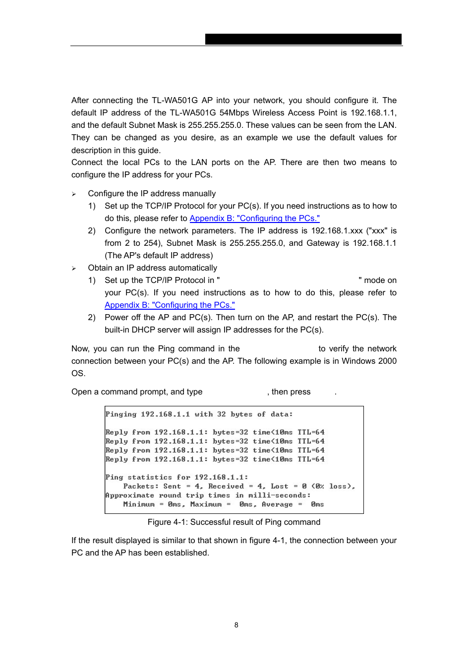 Chapter 4: tcp/ip configuration | TP-Link 54Mbps Wireless Access Point TL-WA501G User Manual | Page 13 / 45