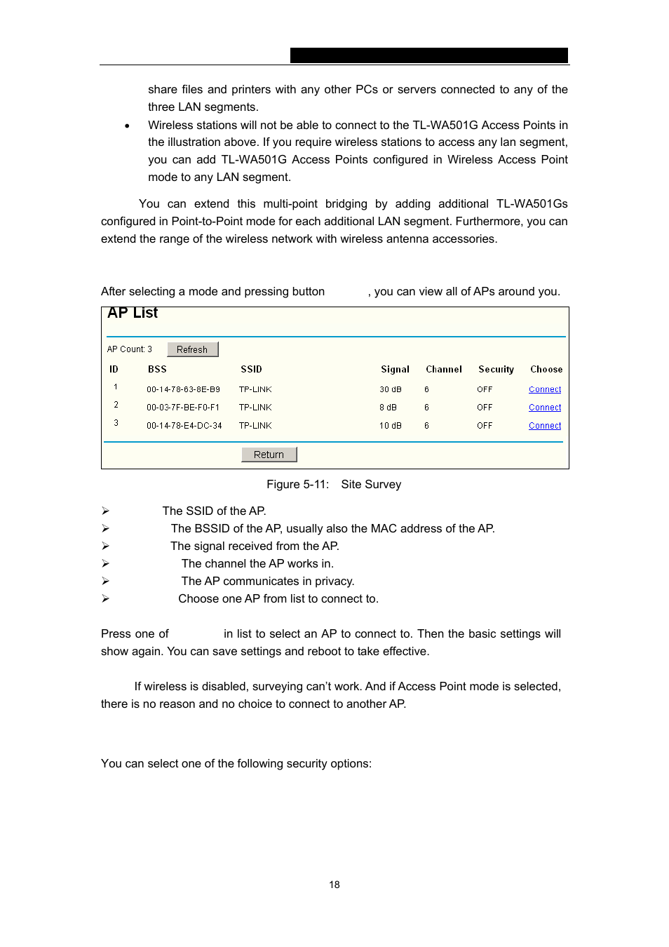2 site survey, 3 security settings, 2 site survey 5.4.3 security settings | TP-Link 54Mbps Wireless Access Point TL-WA501G User Manual | Page 23 / 45
