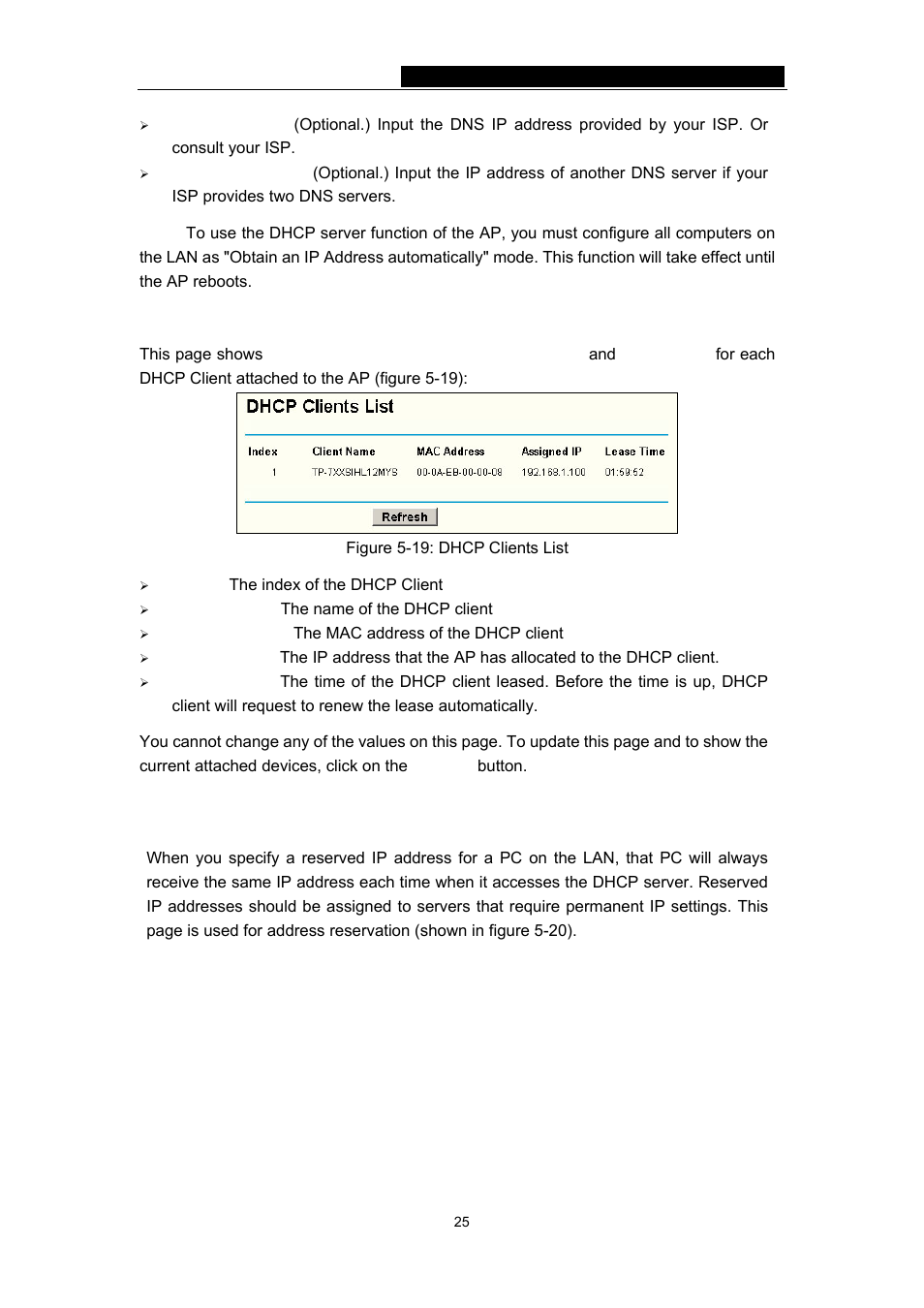 2 dhcp clients list, 3 address reservation, 2 dhcp clients list 5.5.3 address reservation | TP-Link 54Mbps Wireless Access Point TL-WA501G User Manual | Page 30 / 45