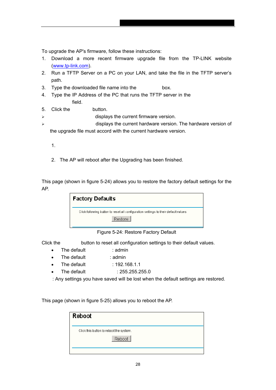 2 factory defaults, 3 reboot, 2 factory defaults 5.7.3 reboot | TP-Link 54Mbps Wireless Access Point TL-WA501G User Manual | Page 33 / 45