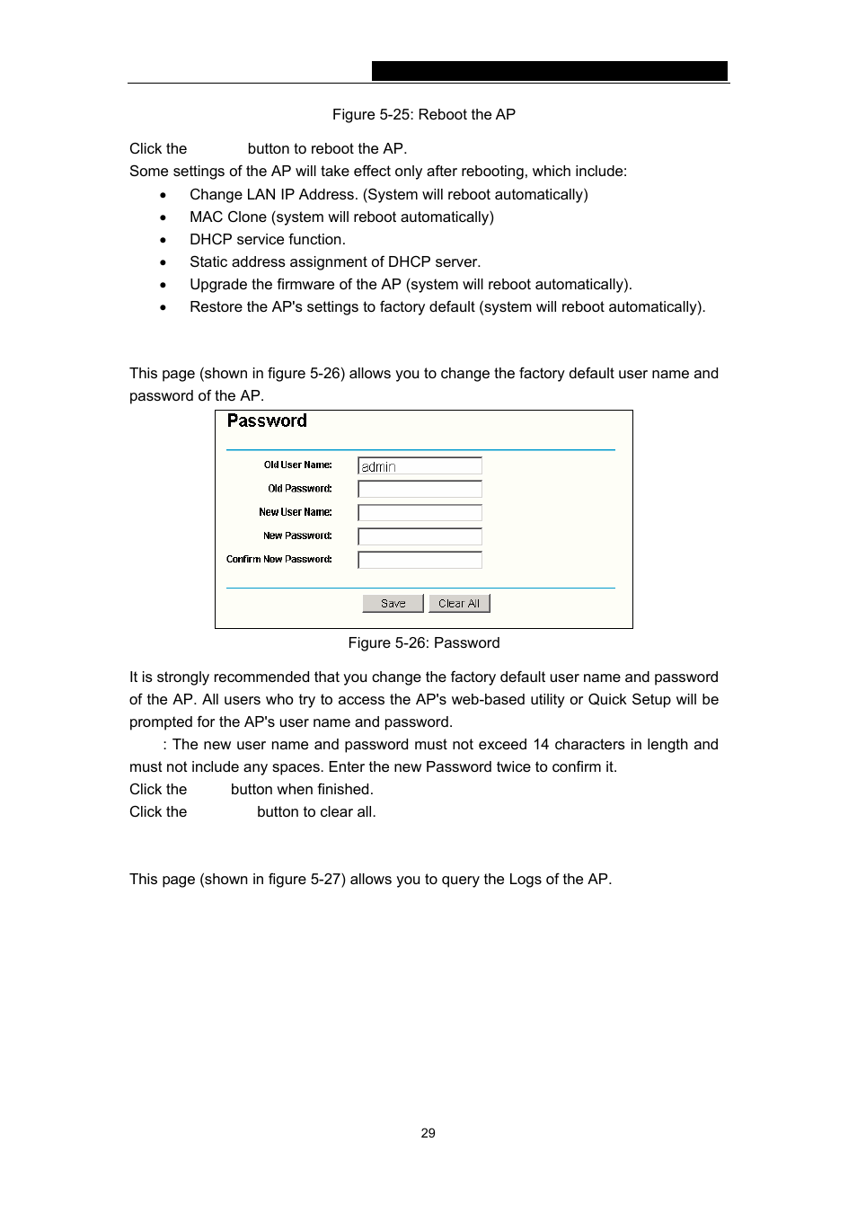 4 password, 5 log, 4 password 5.7.5 log | TP-Link 54Mbps Wireless Access Point TL-WA501G User Manual | Page 34 / 45