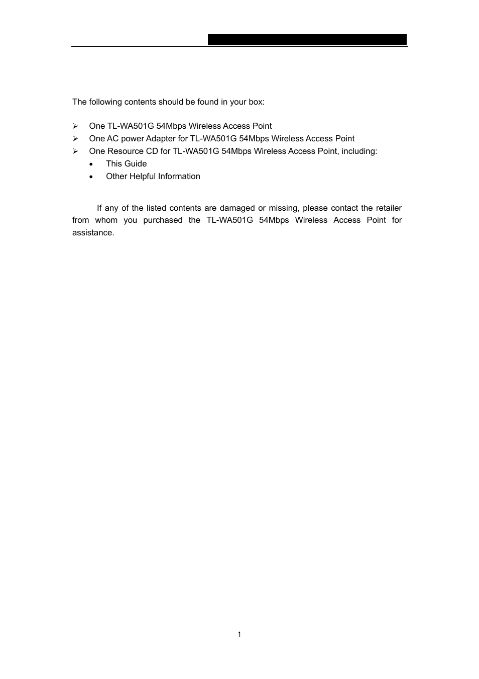 Package contents | TP-Link 54Mbps Wireless Access Point TL-WA501G User Manual | Page 6 / 45