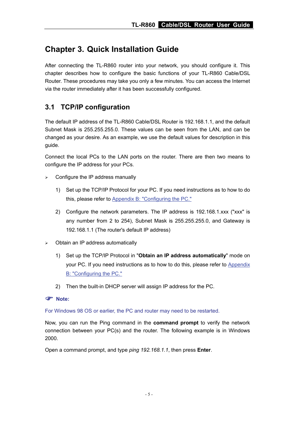 Chapter 3. quick installation guide, 1 tcp/ip configuration, Chapter 3 | Quick installation guide, Tcp/ip configuration | TP-Link Cable/DSL Router TL-R860 User Manual | Page 11 / 62