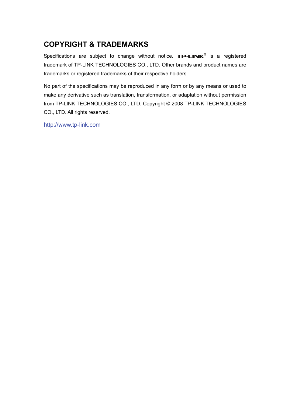 Copyright & trademarks | TP-Link Cable/DSL Router TL-R860 User Manual | Page 2 / 62