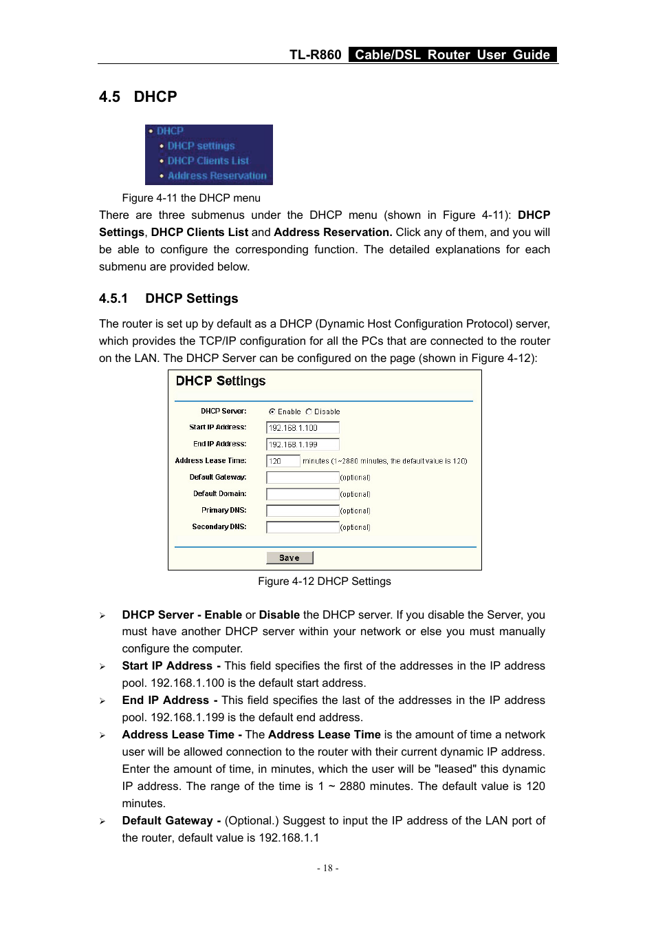 5 dhcp, 1 dhcp settings, Dhcp | Dhcp settings, Tl-r860 cable/dsl router user guide | TP-Link Cable/DSL Router TL-R860 User Manual | Page 24 / 62