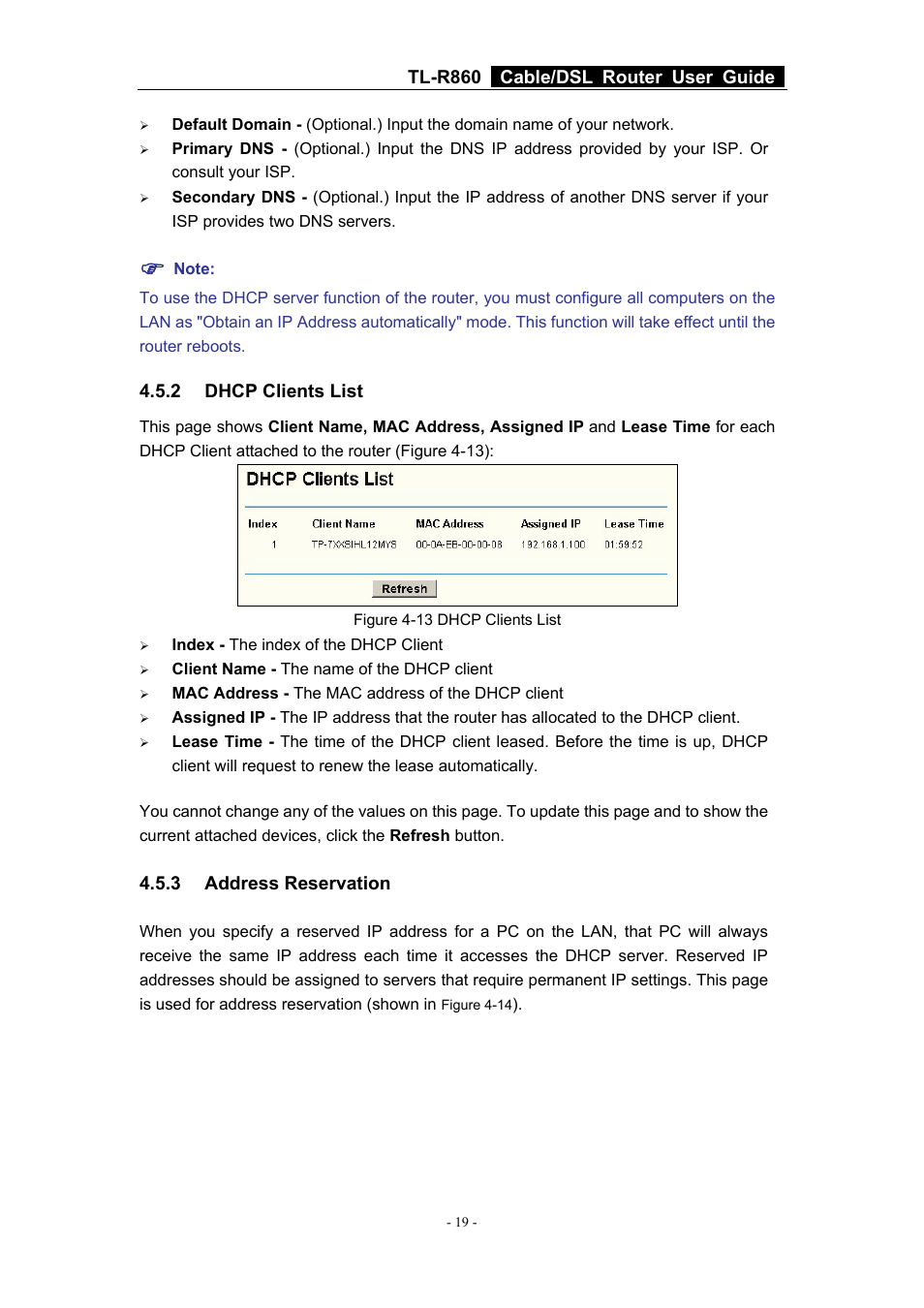 2 dhcp clients list, 3 address reservation, Dhcp clients list | Address reservation, Tl-r860 cable/dsl router user guide | TP-Link Cable/DSL Router TL-R860 User Manual | Page 25 / 62