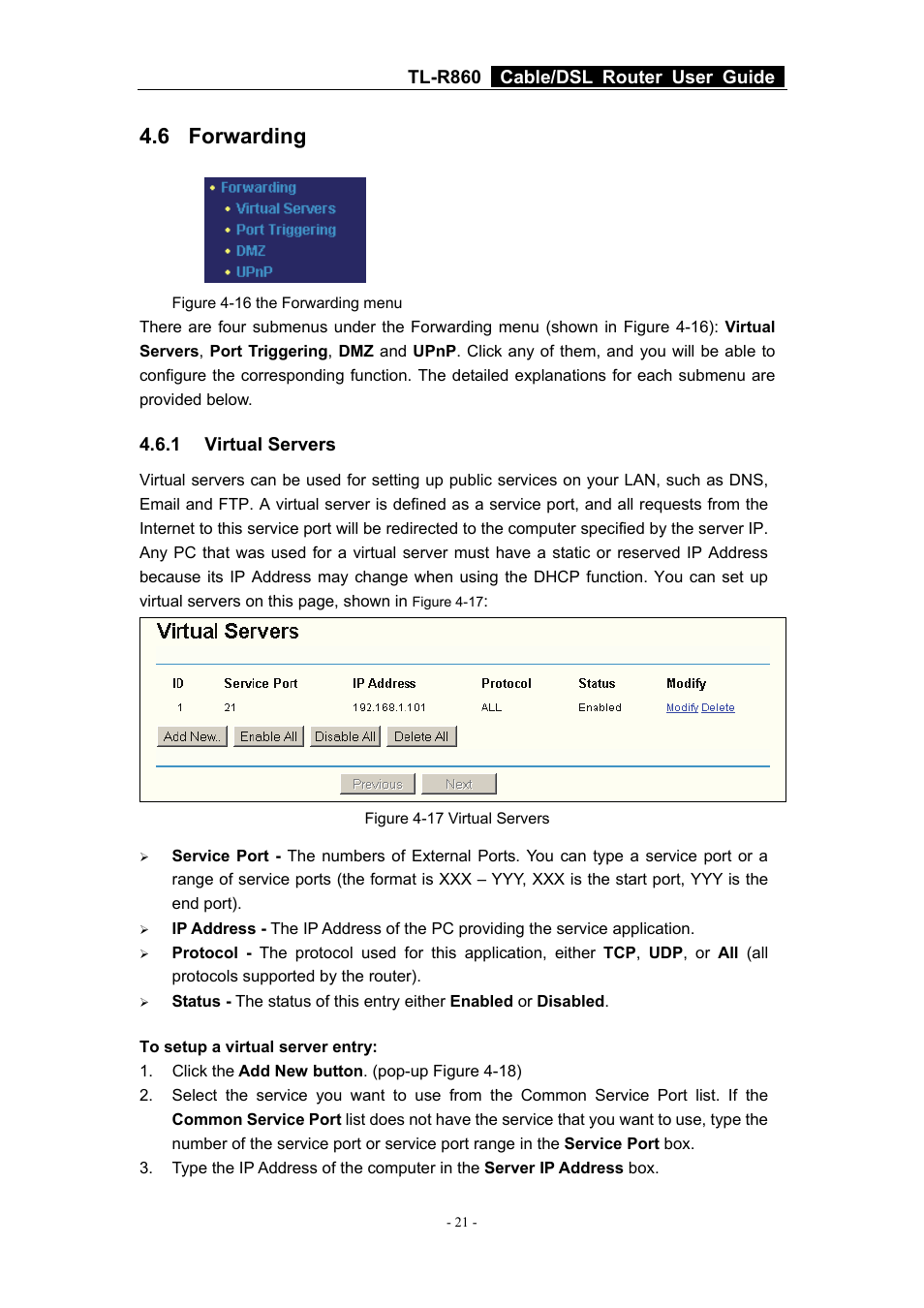 6 forwarding, 1 virtual servers, Forwarding | Virtual servers, Tl-r860 cable/dsl router user guide | TP-Link Cable/DSL Router TL-R860 User Manual | Page 27 / 62