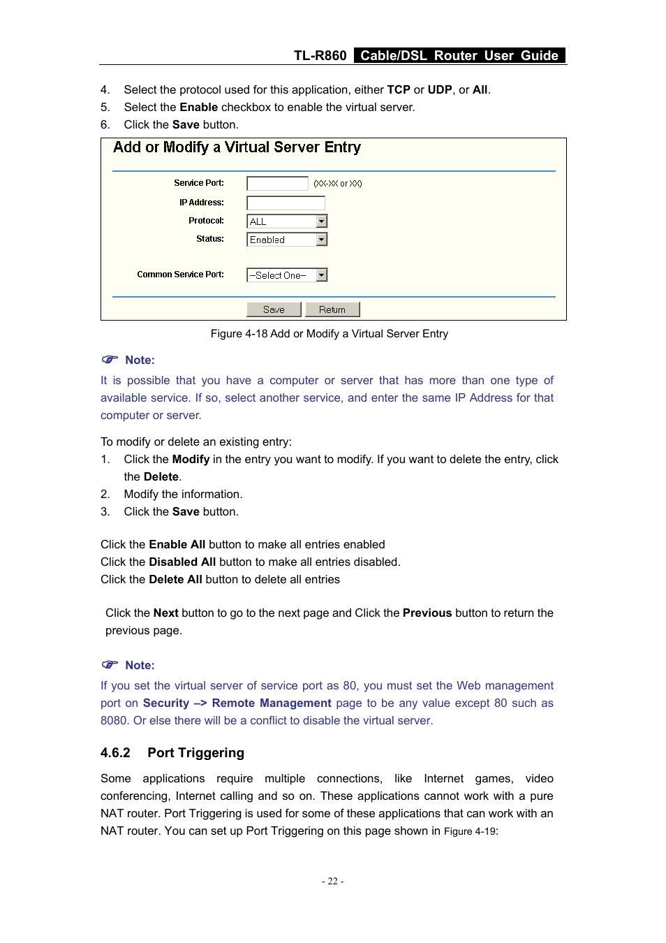 2 port triggering, Port triggering | TP-Link Cable/DSL Router TL-R860 User Manual | Page 28 / 62