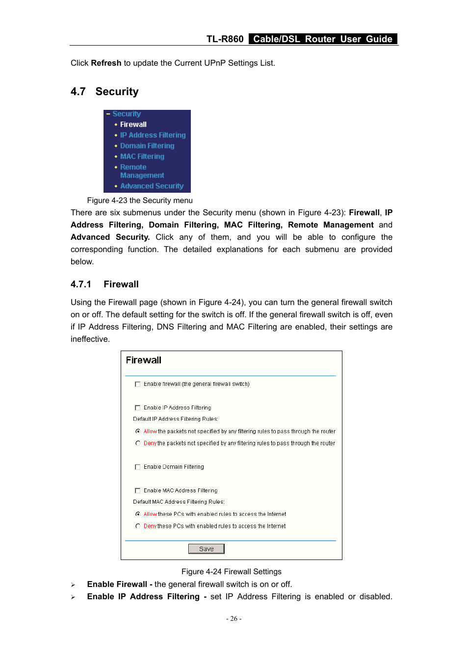7 security, 1 firewall, Security | Firewall | TP-Link Cable/DSL Router TL-R860 User Manual | Page 32 / 62
