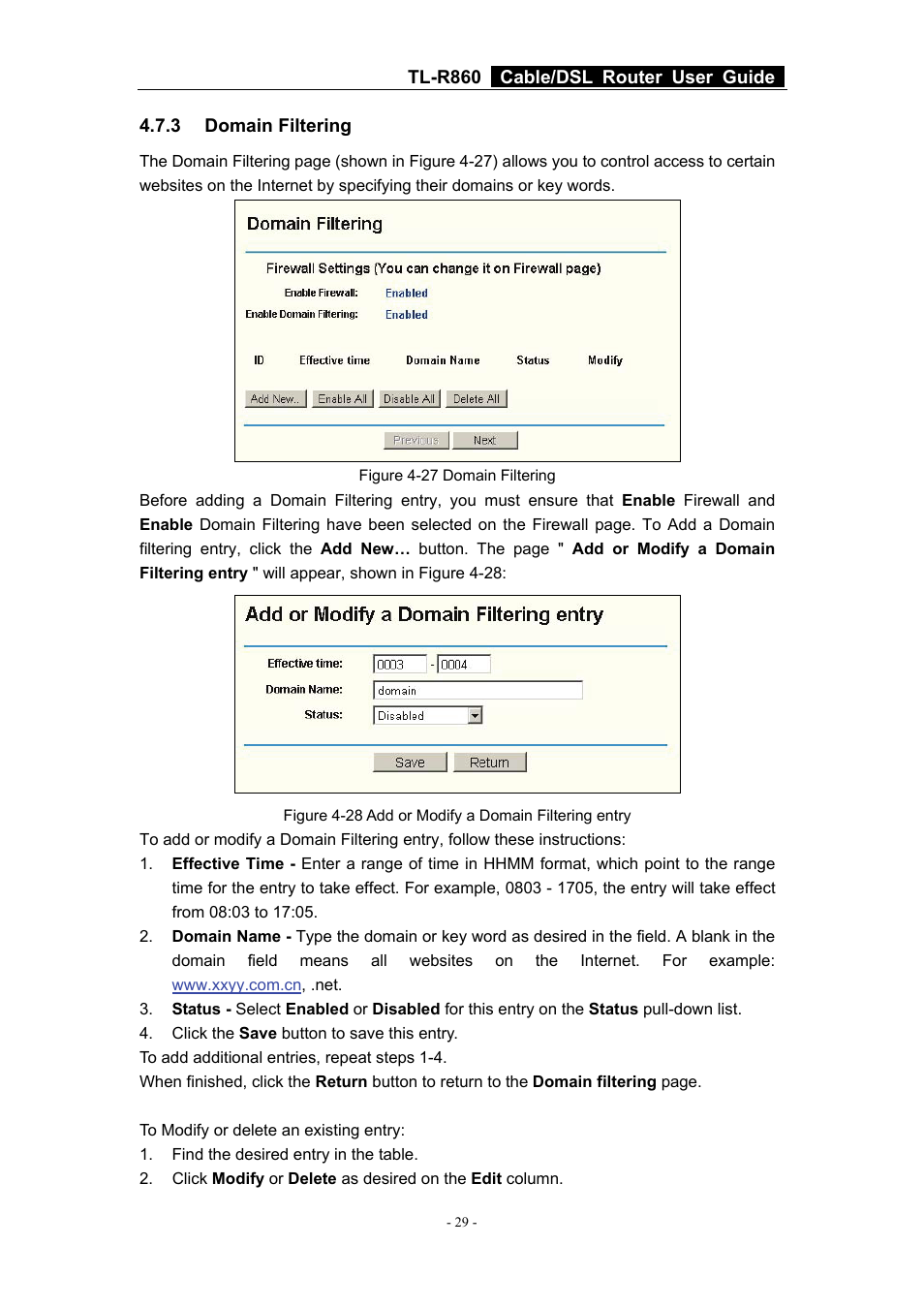 3 domain filtering, Domain filtering | TP-Link Cable/DSL Router TL-R860 User Manual | Page 35 / 62