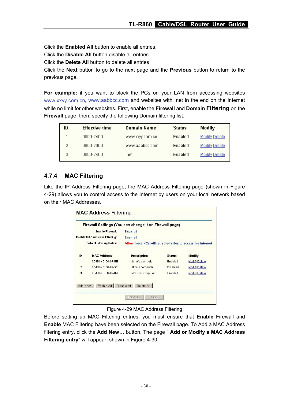 4 mac filtering, Mac filtering | TP-Link Cable/DSL Router TL-R860 User Manual | Page 36 / 62