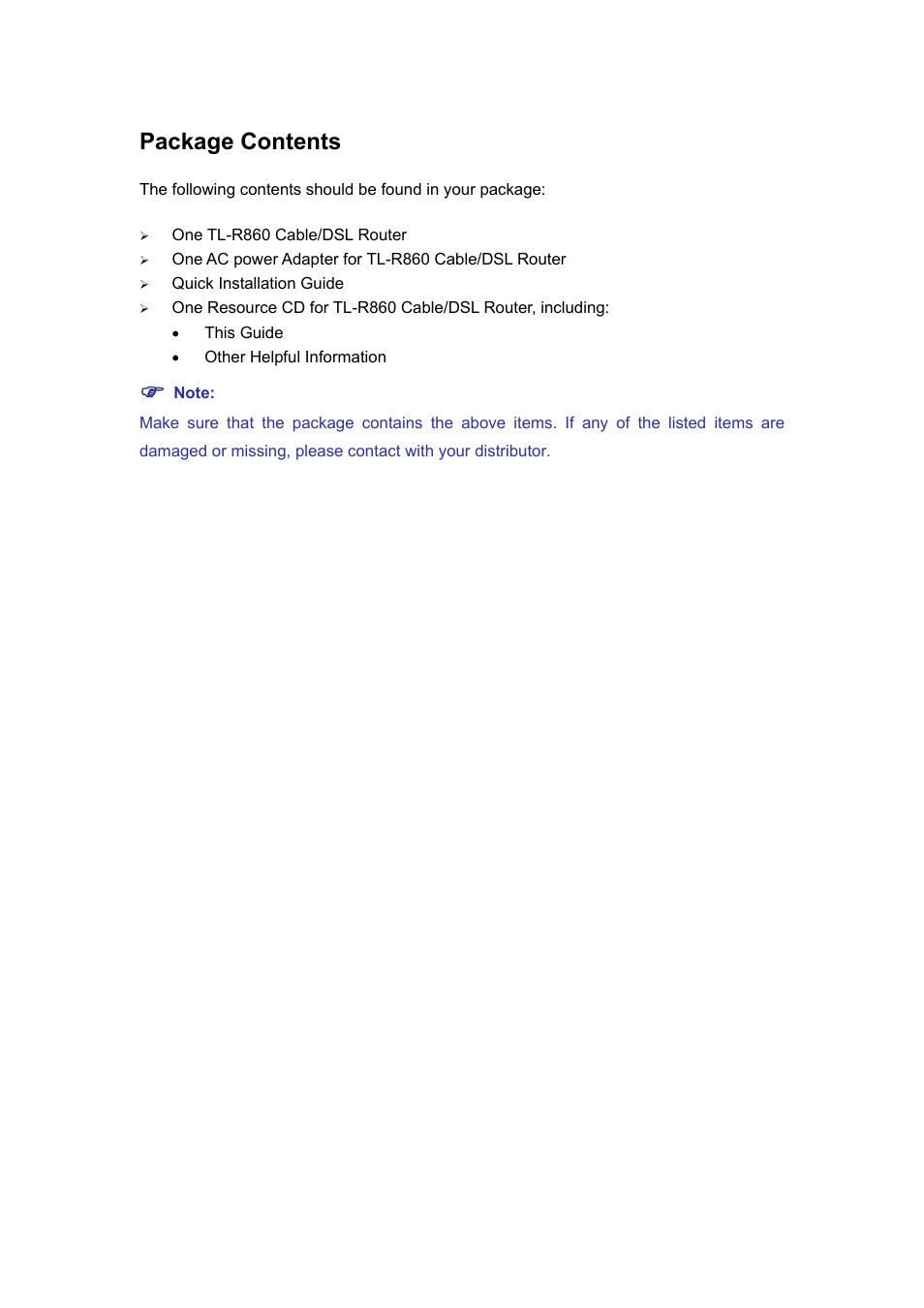 Package contents | TP-Link Cable/DSL Router TL-R860 User Manual | Page 4 / 62