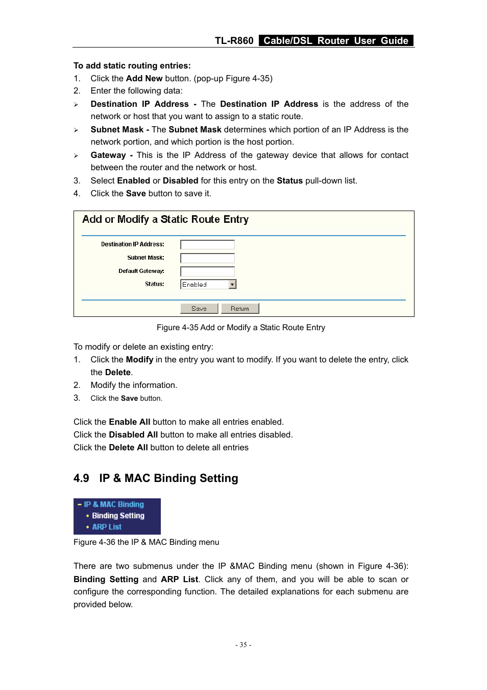 9 ip & mac binding setting, Ip & mac binding setting | TP-Link Cable/DSL Router TL-R860 User Manual | Page 41 / 62