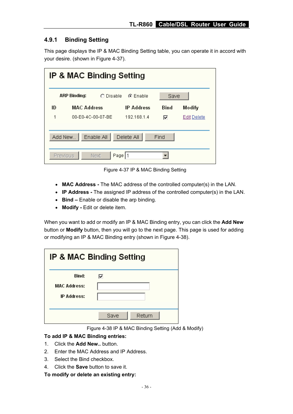 1 binding setting, Binding setting | TP-Link Cable/DSL Router TL-R860 User Manual | Page 42 / 62