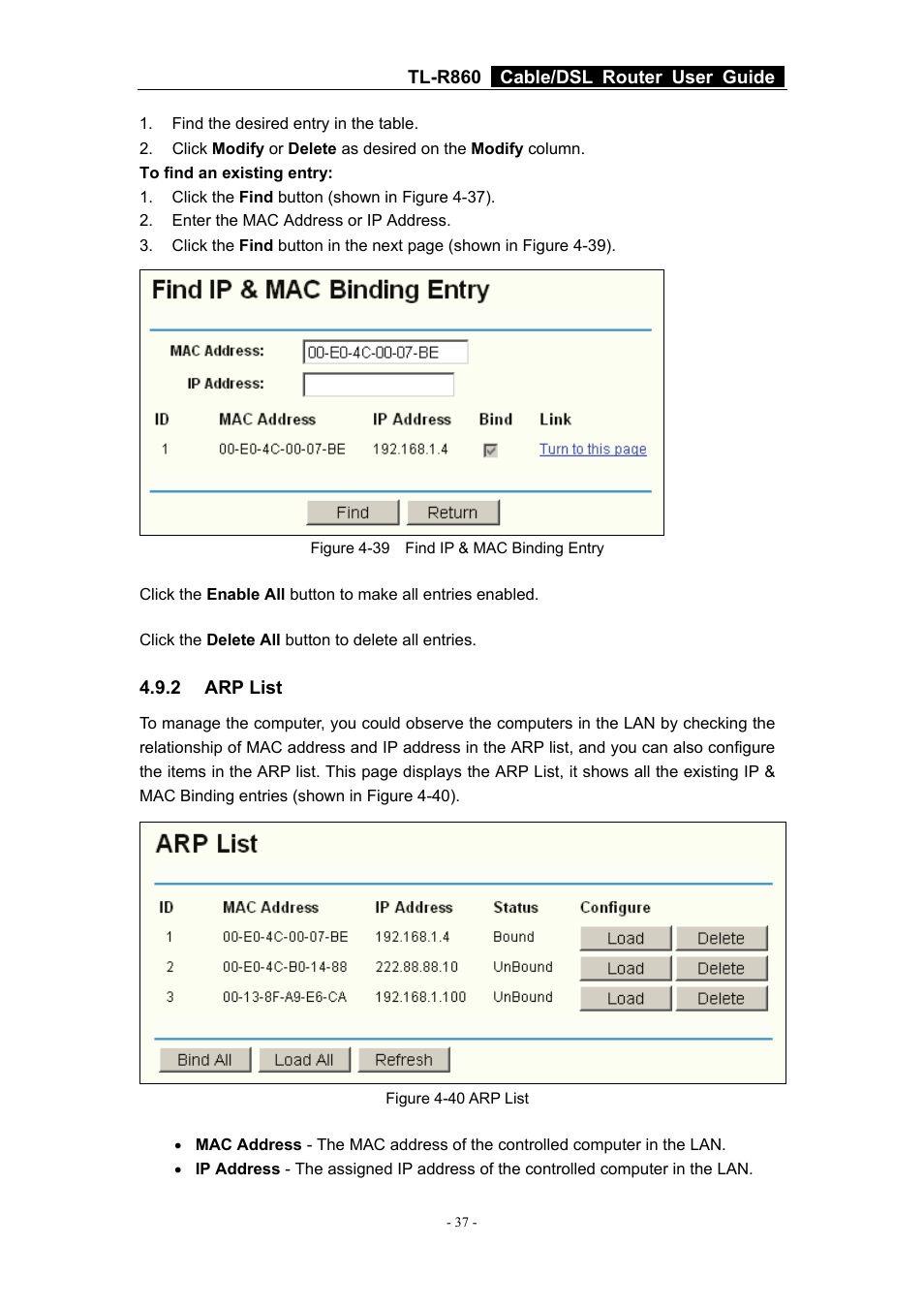 2 arp list, Arp list | TP-Link Cable/DSL Router TL-R860 User Manual | Page 43 / 62