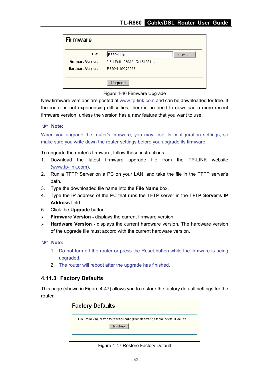 3 factory defaults | TP-Link Cable/DSL Router TL-R860 User Manual | Page 48 / 62