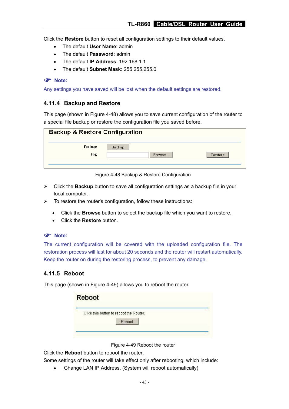 4 backup and restore, 5 reboot, 4 backup and restore 4.11.5 reboot | TP-Link Cable/DSL Router TL-R860 User Manual | Page 49 / 62
