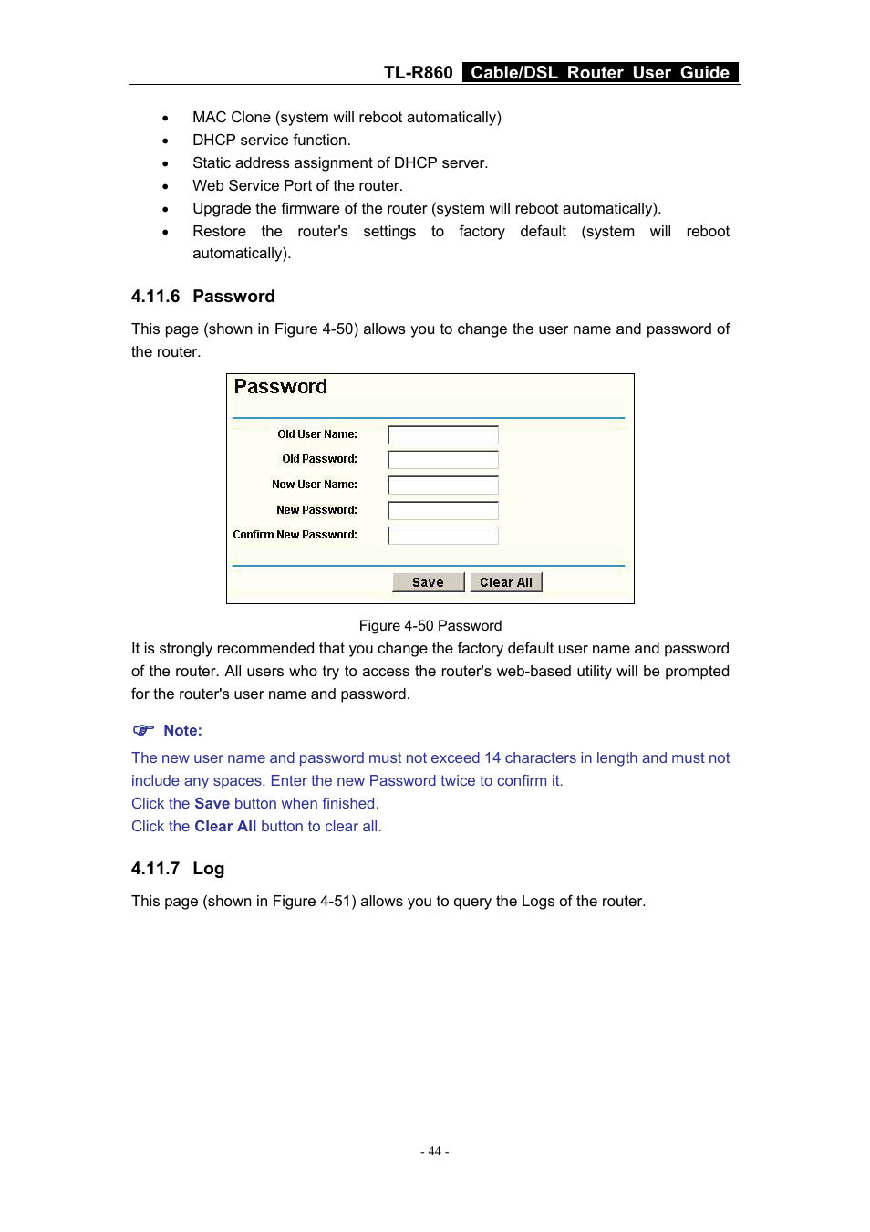 6 password, 7 log, 6 password 4.11.7 log | TP-Link Cable/DSL Router TL-R860 User Manual | Page 50 / 62