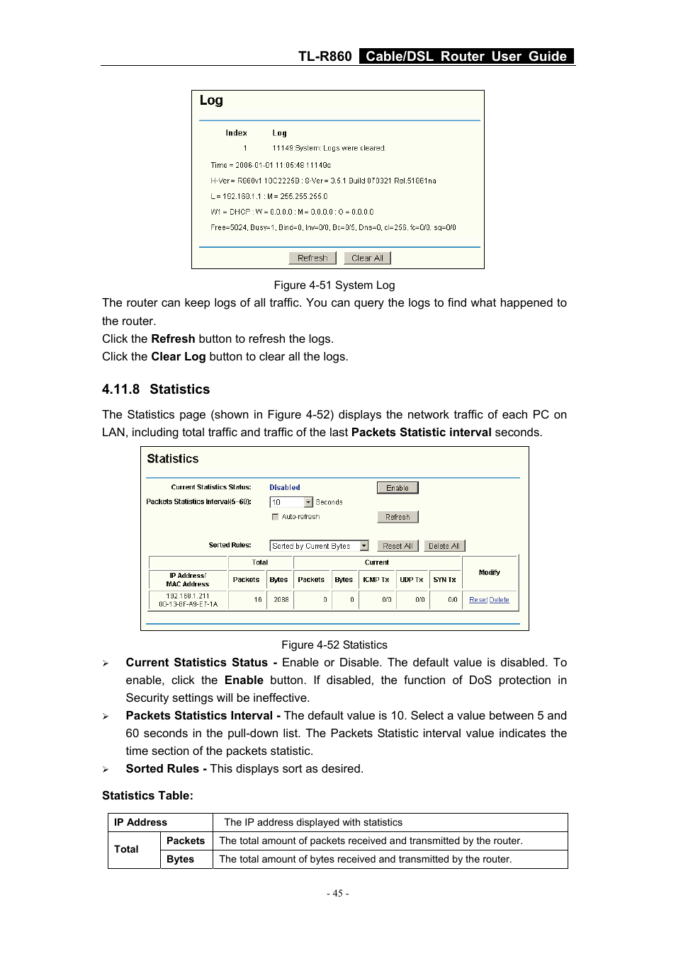 8 statistics, Tl-r860 cable/dsl router user guide | TP-Link Cable/DSL Router TL-R860 User Manual | Page 51 / 62