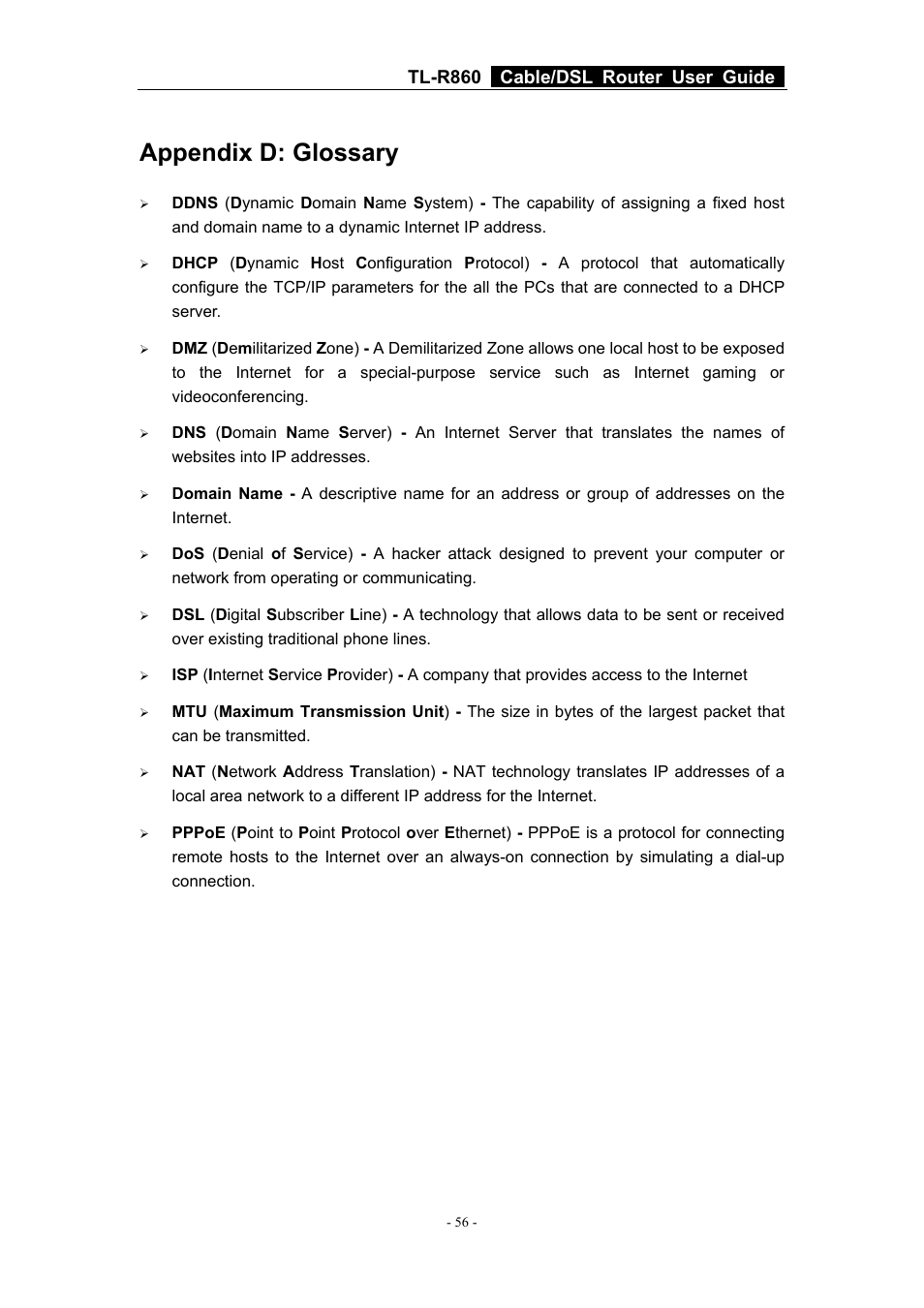 Appendix d: glossary, Tl-r860 cable/dsl router user guide | TP-Link Cable/DSL Router TL-R860 User Manual | Page 62 / 62