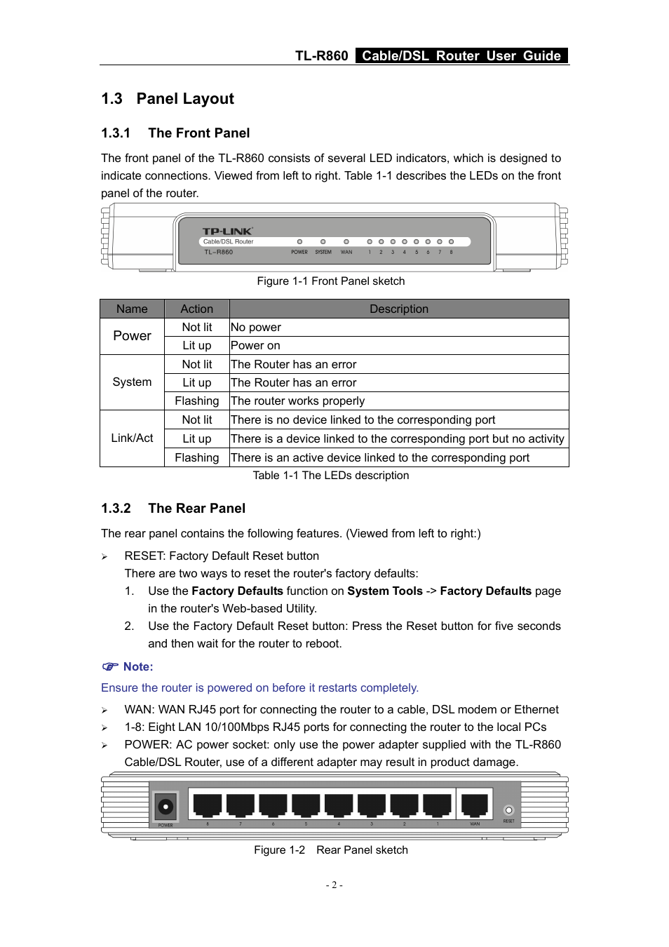 3 panel layout, 1 the front panel, 2 the rear panel | Panel layout, The front panel, The rear panel | TP-Link Cable/DSL Router TL-R860 User Manual | Page 8 / 62