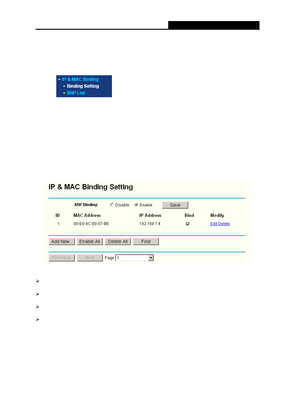 9 ip & mac binding setting, 1 binding setting, Ip & mac binding setting | Binding setting | TP-Link TL-WR340GD User Manual | Page 55 / 72