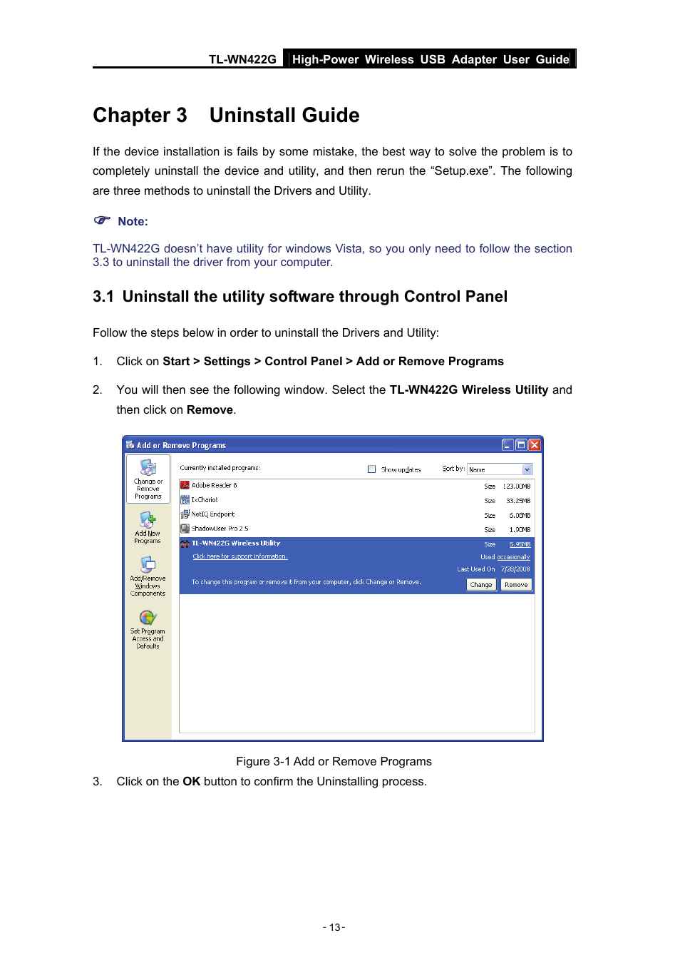 Chapter 3 uninstall guide | TP-Link High-Power Wireless USB Adapter TL-WN422G User Manual | Page 18 / 43