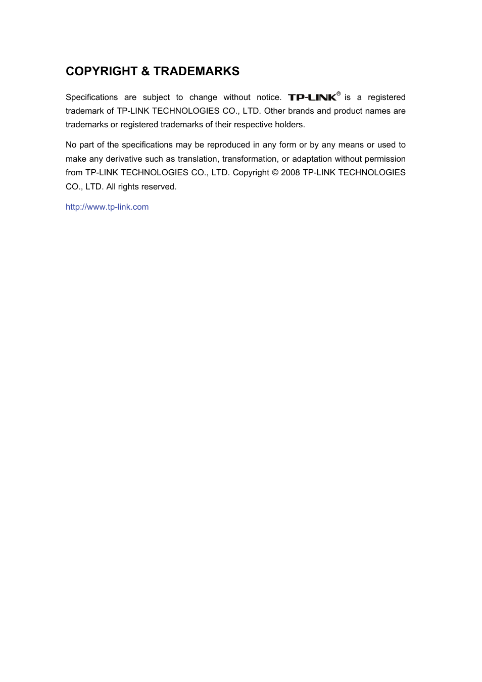 Copyright & trademarks | TP-Link High-Power Wireless USB Adapter TL-WN422G User Manual | Page 2 / 43