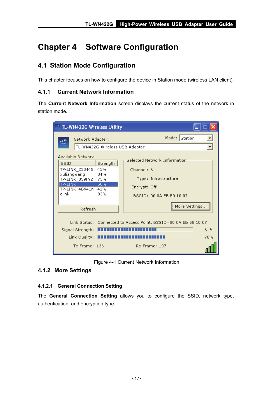 Chapter 4 software configuration, 1 station mode configuration, 1 current network information | 2 more settings, 1 general connection setting, Station mode configuration | TP-Link High-Power Wireless USB Adapter TL-WN422G User Manual | Page 22 / 43