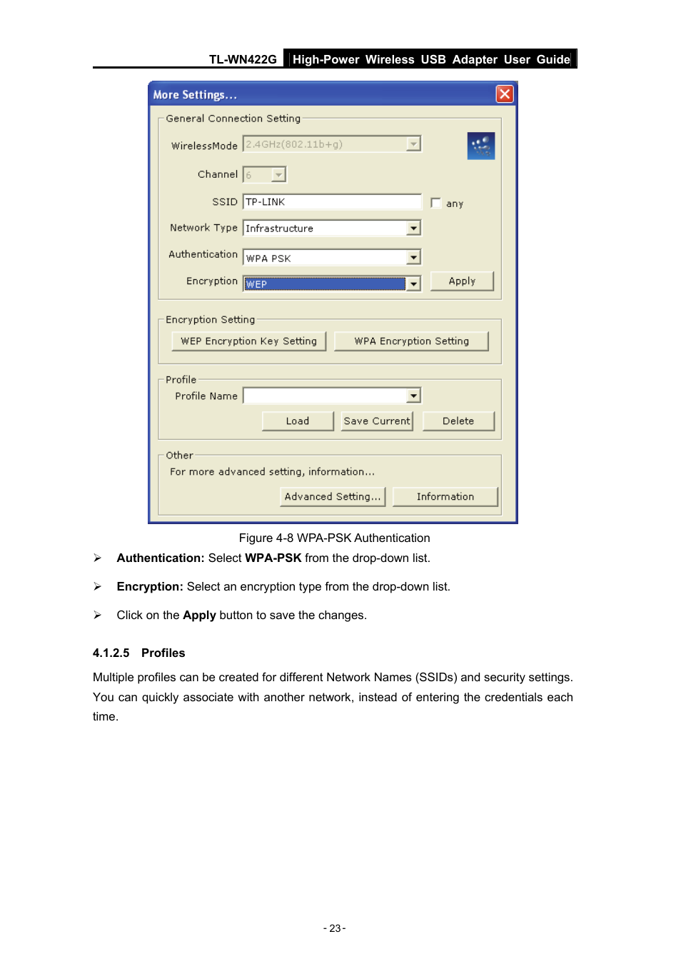 5 profiles | TP-Link High-Power Wireless USB Adapter TL-WN422G User Manual | Page 28 / 43